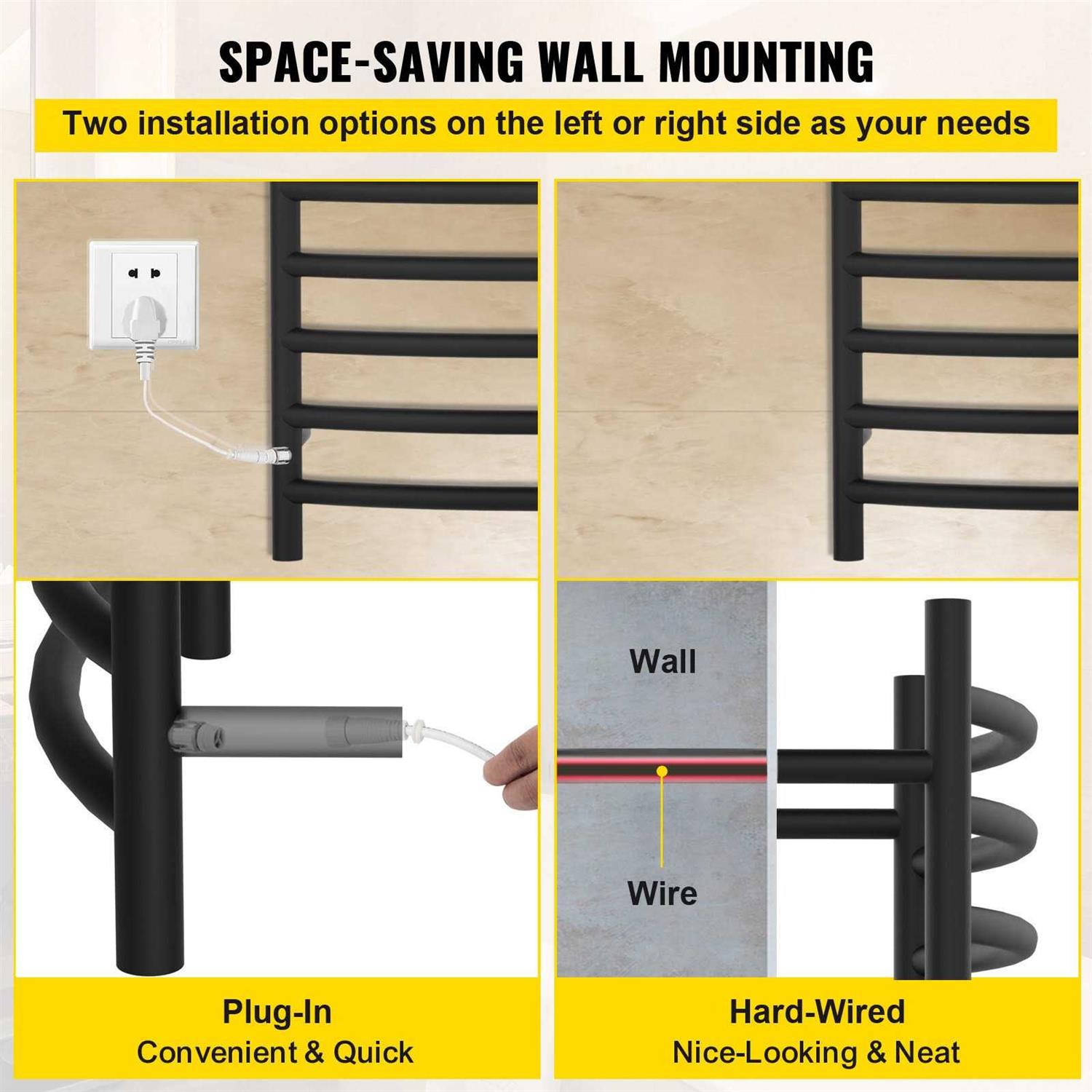 Vevor Heated Towel Rack 10 Bars Curved Design Stainless Steel Electric Towel Warmer with Built-in Timer - Image 2