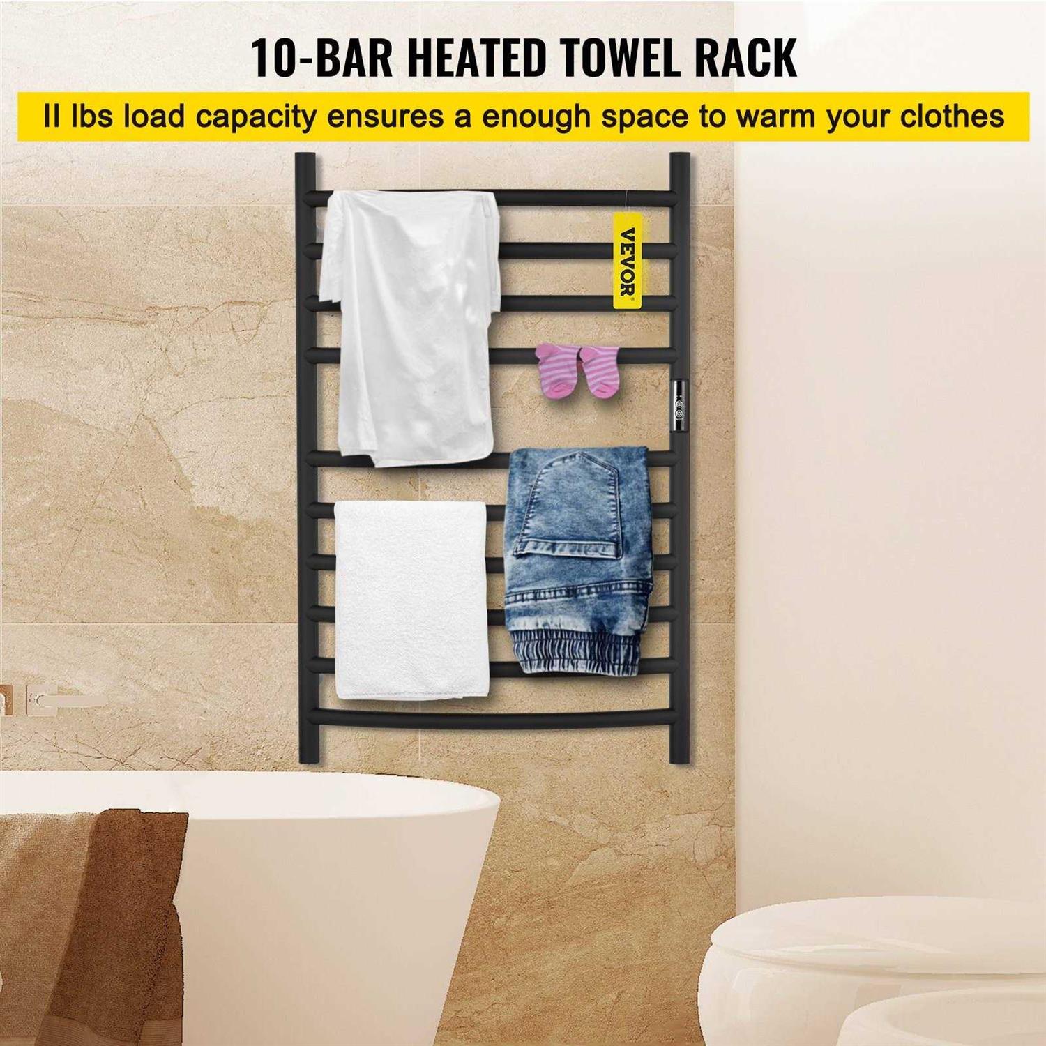 Vevor Heated Towel Rack 10 Bars Curved Design Stainless Steel Electric Towel Warmer with Built-in Timer - Image 3