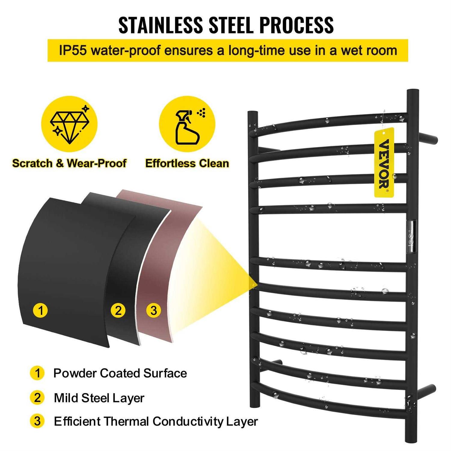 Vevor Heated Towel Rack 10 Bars Curved Design Stainless Steel Electric Towel Warmer with Built-in Timer - Image 5