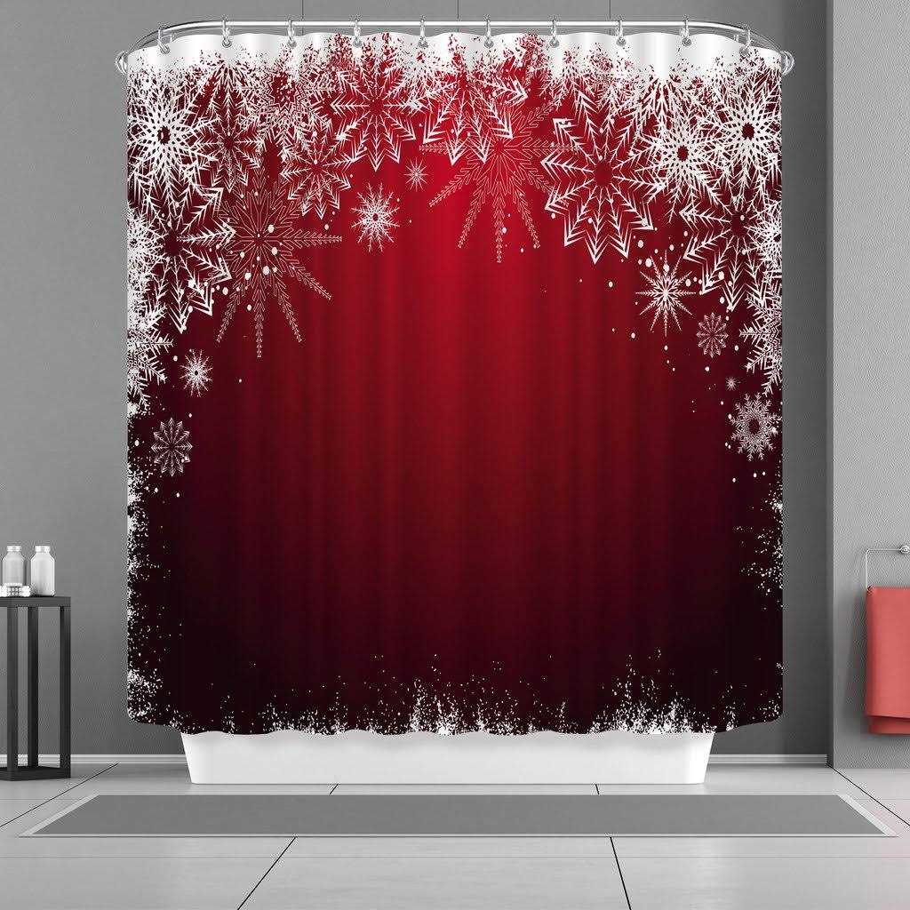 VANCAR Waterproof Bathroom Decor Custom Xmas Merry Christmas Shower Curtain Sets with Hooks 66X72 White Snowflake Red Background Pattern Print