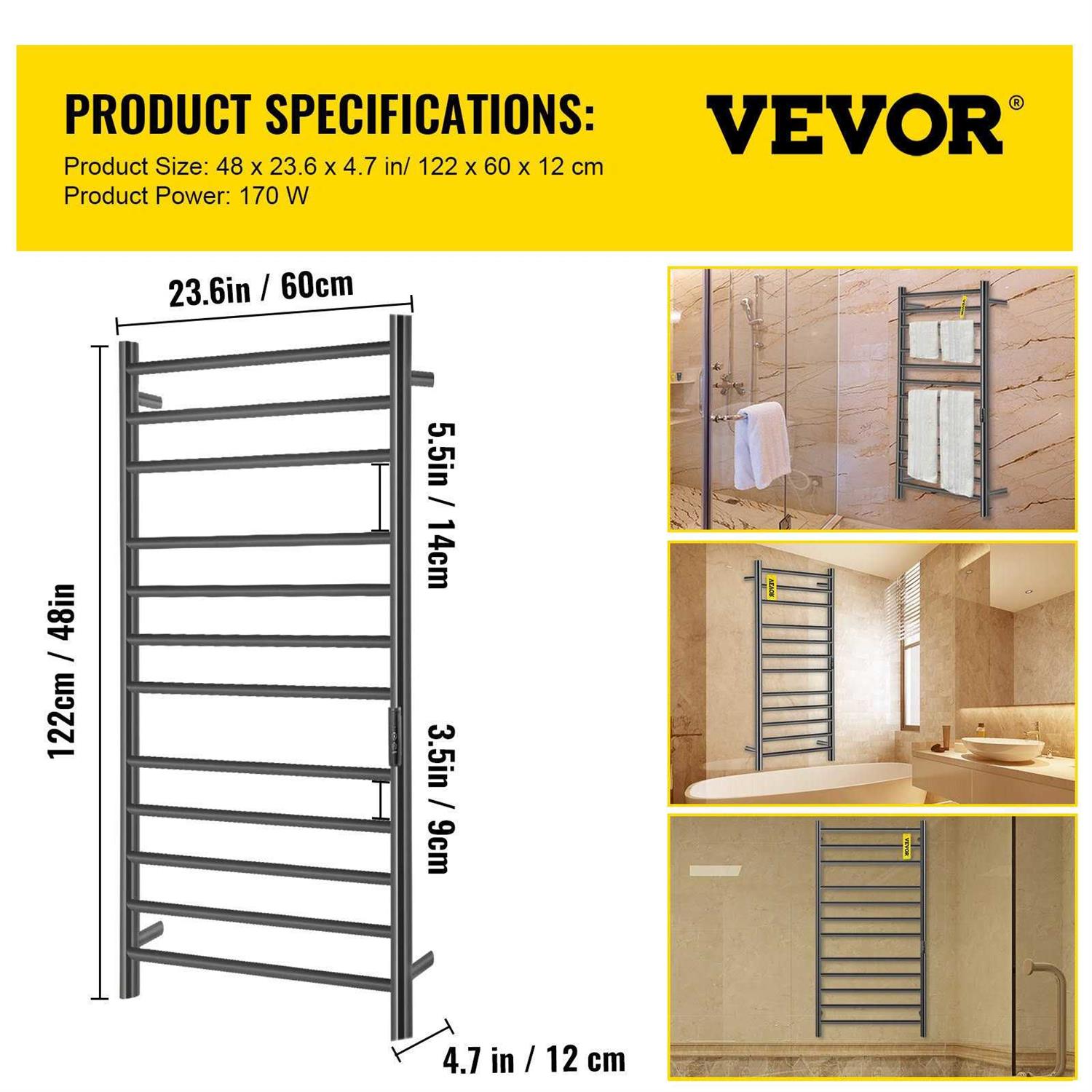 VEVOR Heated Towel Rack 12-Bar Towel Warmer Rack Wall Mounted Electric Towel Warmer Electric Towel Drying Rack w/Timer Matte Black Stainless Steel MJJRJPS12110VXDE6V1 - Image 2