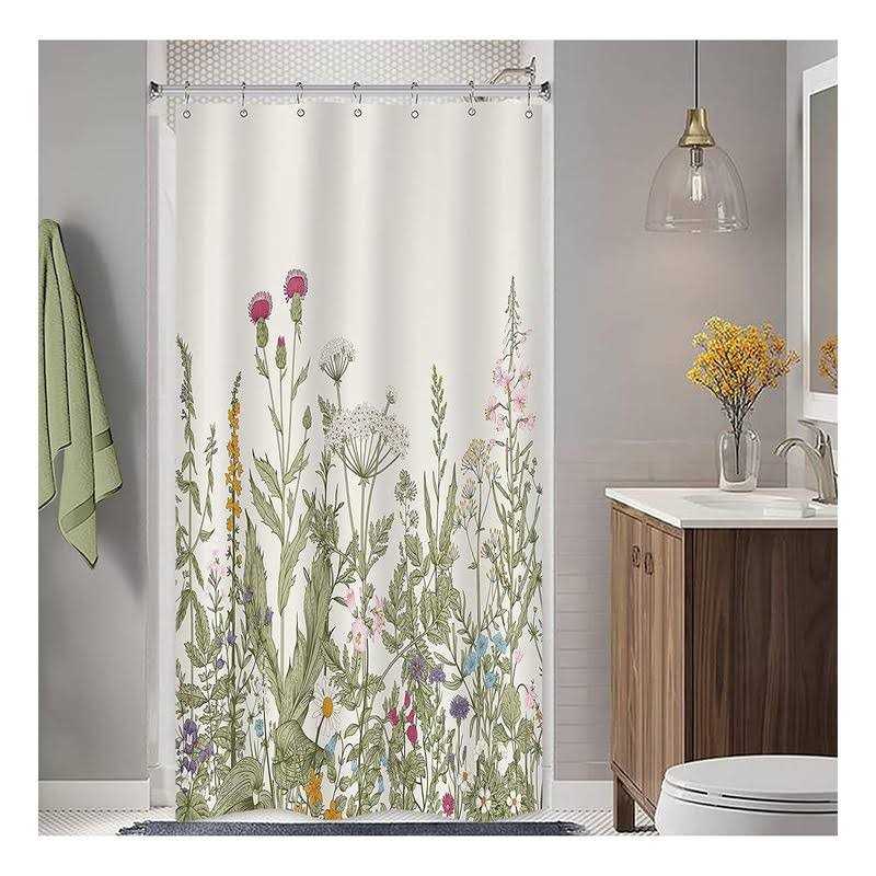 Riyidecor Wildflower Botanical Shower Curtain Bathroom Decor Floral Flower Plant Herbs