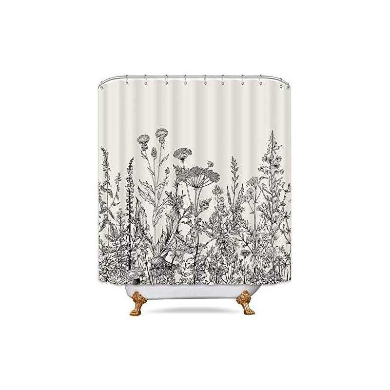 Riyidecor Wildflower Botanical Shower Curtain Bathroom Decor Floral Flower Plant Herbs