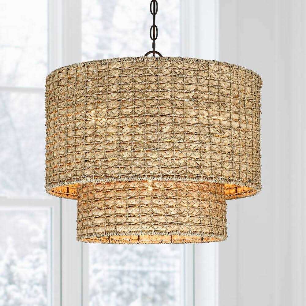 True Fine Elis 20 in. 4-Light Natural Rattan Traditional Drum Pendant Light Black Canopy
