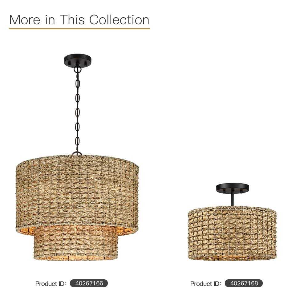 True Fine Elis 20 in. 4-Light Natural Rattan Traditional Drum Pendant Light Black Canopy - Image 2