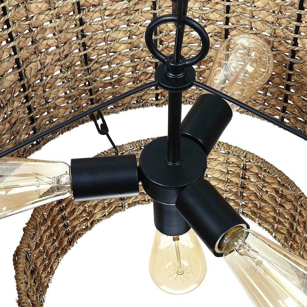 True Fine Elis 20 in. 4-Light Natural Rattan Traditional Drum Pendant Light Black Canopy - Image 4