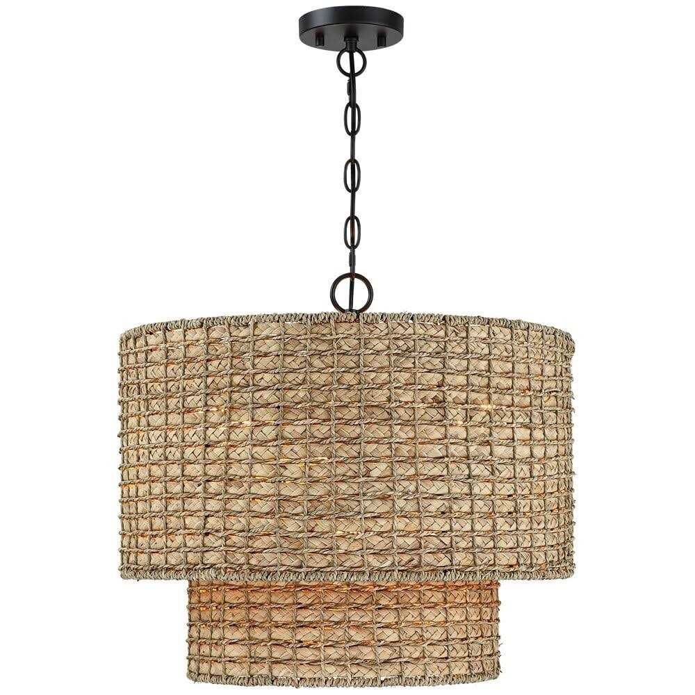 True Fine Elis 20 in. 4-Light Natural Rattan Traditional Drum Pendant Light Black Canopy - Image 5