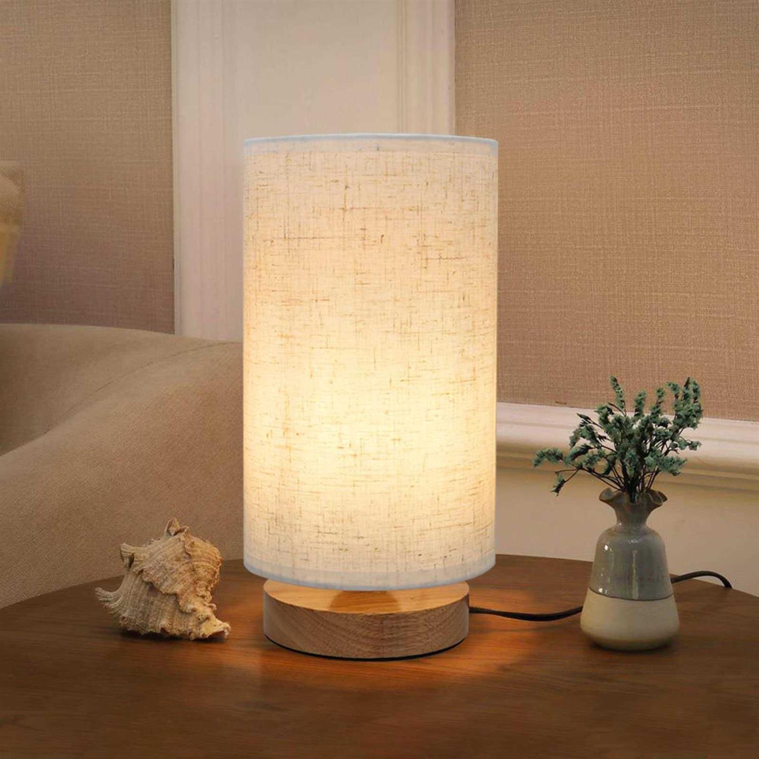 Small Bedside Night Table Lamp for Bedroom Minimalist Nightstand Lamp with Round Fabric Linen Shade