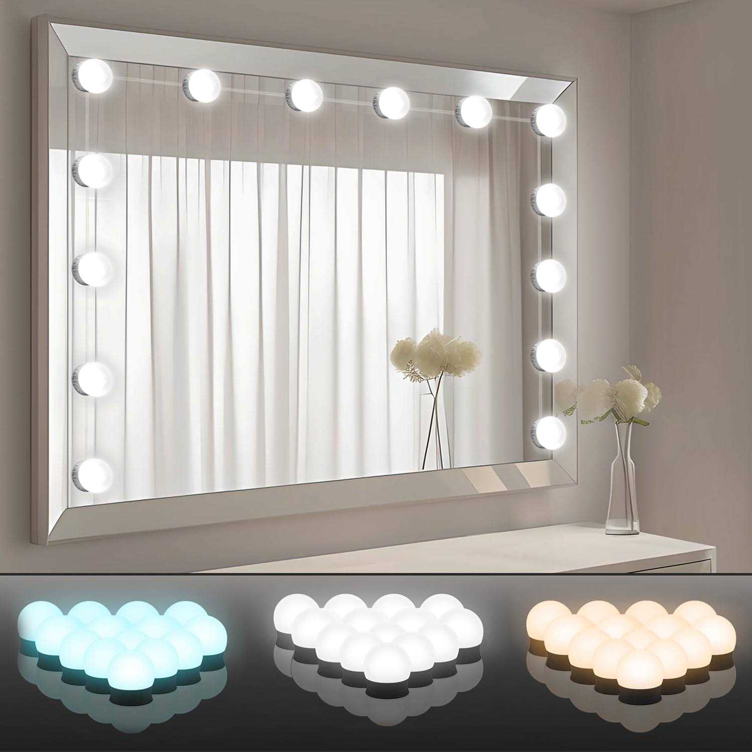 Vanity Lights for Mirror,Premtess Hollywood Style Vanity Lights with 14 dimmable Bulbs,Adjustable Color & Brightness,USB Cable