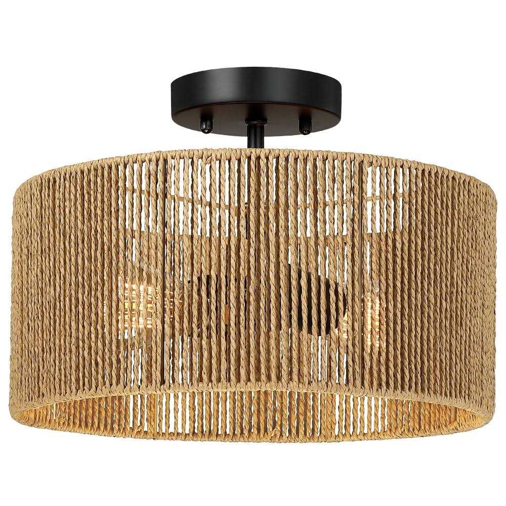 True Fine Dorn 2-Light Woven Rope Drum Semi-Flush Mount Ceiling Light