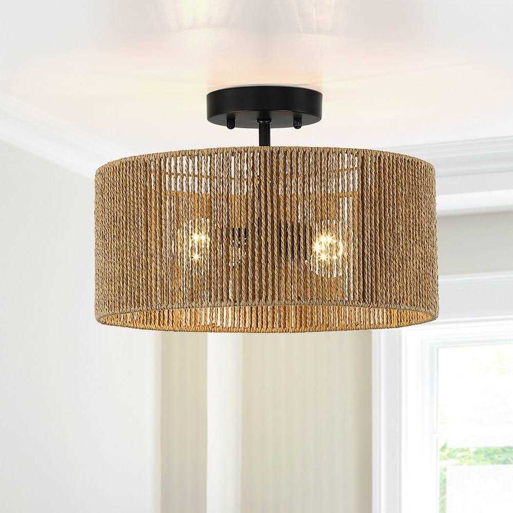 True Fine Dorn 2-Light Woven Rope Drum Semi-Flush Mount Ceiling Light - Image 2