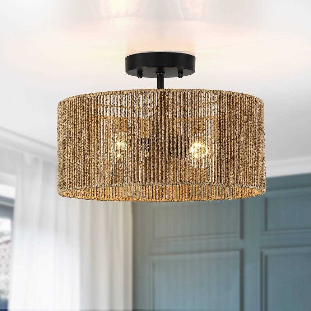 True Fine Dorn 2-Light Woven Rope Drum Semi-Flush Mount Ceiling Light - Image 4