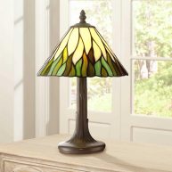 Robert Louis Tiffany Foglia Cottage Accent Table Lamp 14 1/2 High Brown Tree Stained Glass Shade for Bedroom Bedside Nightstand Office Kids House