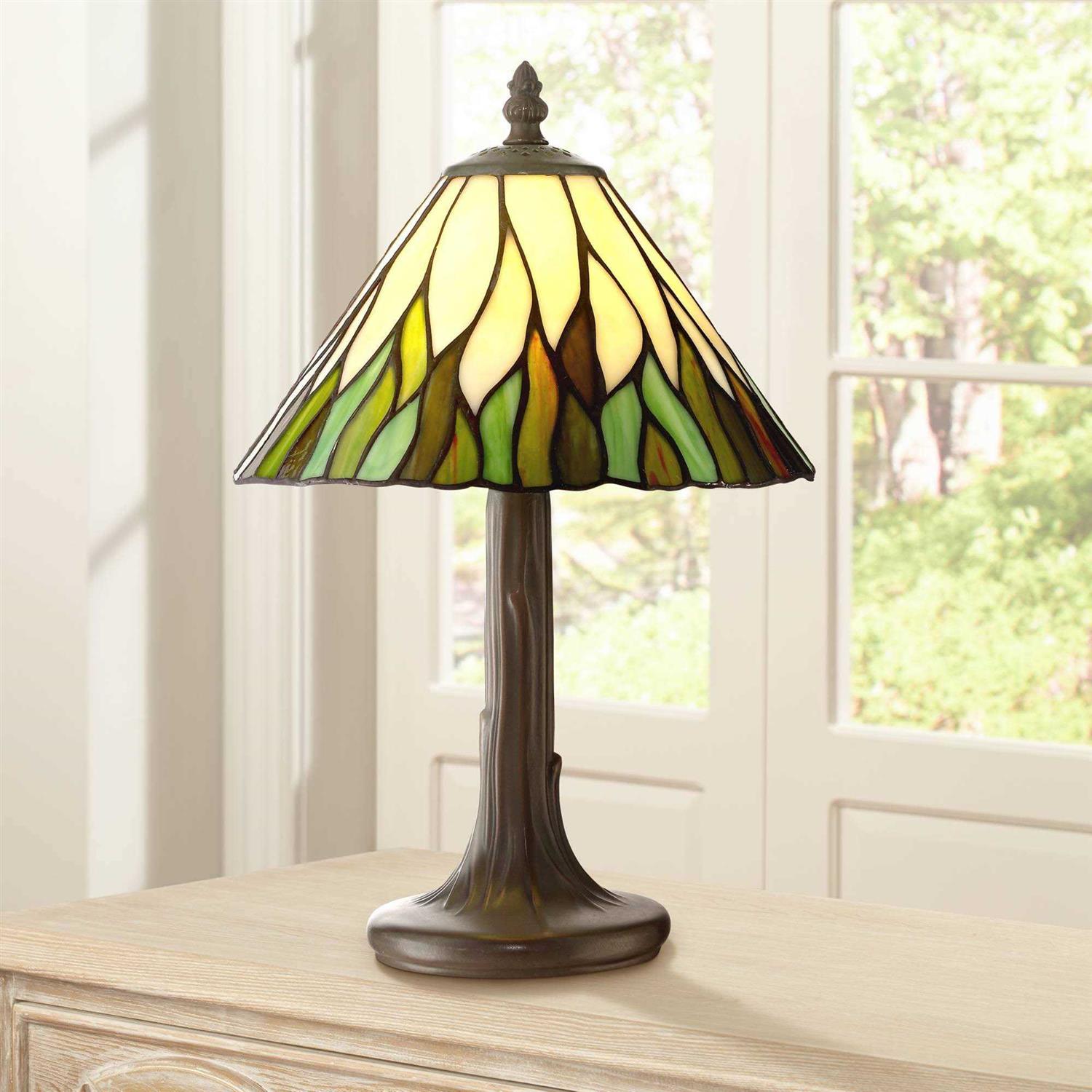 Robert Louis Tiffany Foglia Cottage Accent Table Lamp 14 1/2 High Brown Tree Stained Glass Shade for Bedroom Bedside Nightstand Office Kids House