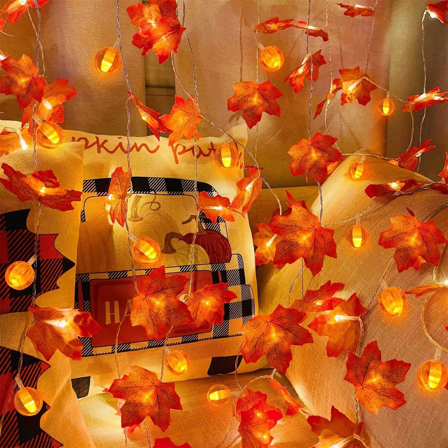 toplee 3 Pack Thanksgiving Garland With Pumpkin Lights & Enlarged Maple Fall String Lights Thanksgiving Halloween Pumpkins Lights - Image 3