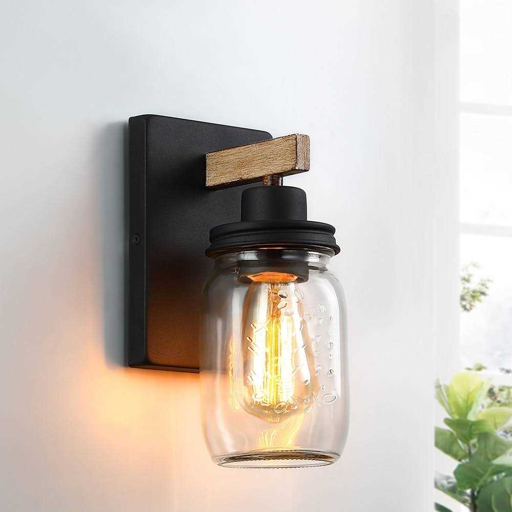 True Fine 1-Light Black/Wood Tone Rustic Farmhouse Wall Sconce with Clear Mason Jar Glass Shade