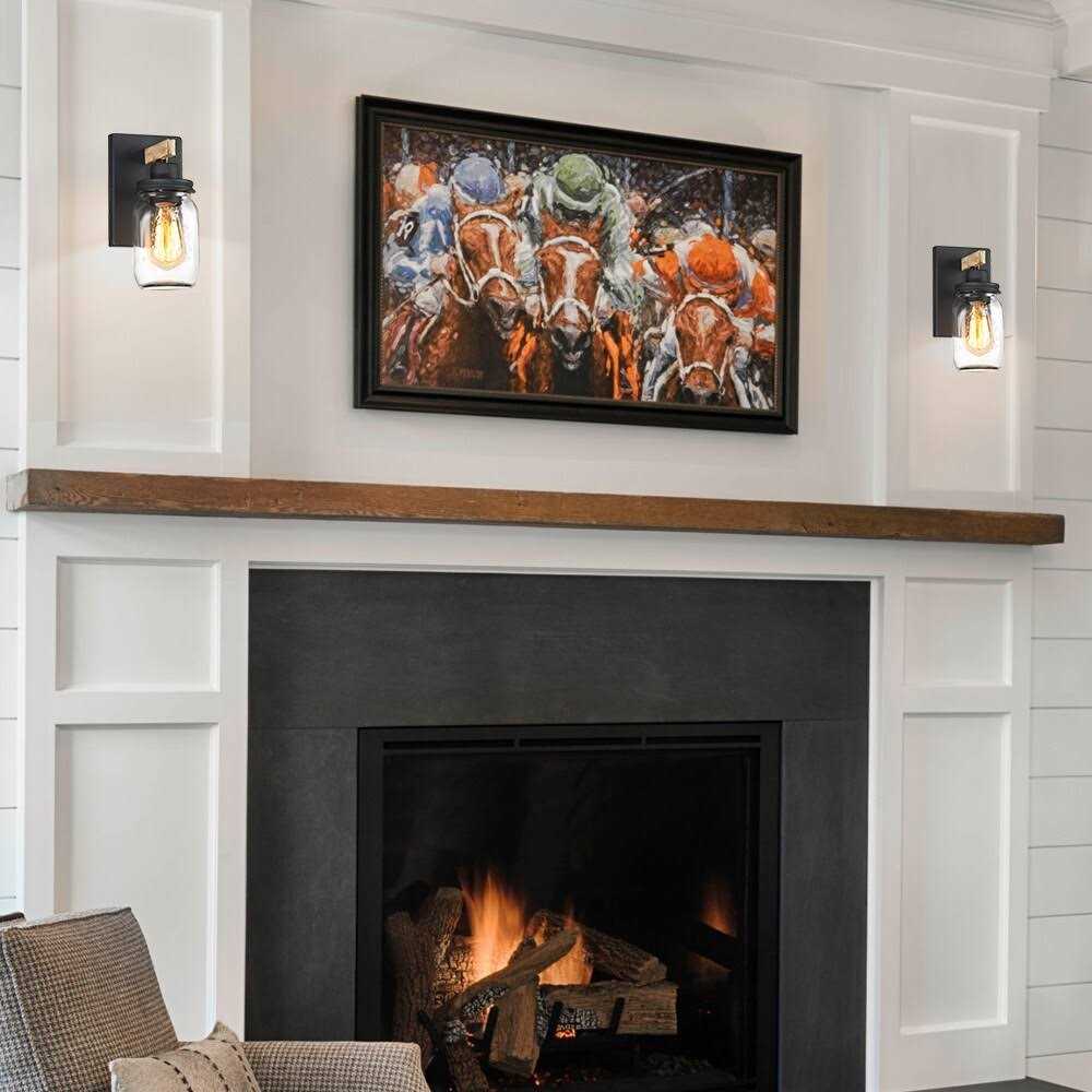 True Fine 1-Light Black/Wood Tone Rustic Farmhouse Wall Sconce with Clear Mason Jar Glass Shade - Image 2