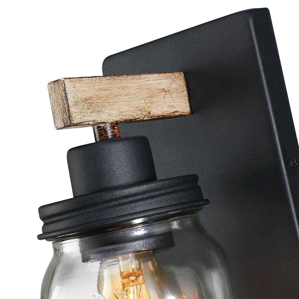 True Fine 1-Light Black/Wood Tone Rustic Farmhouse Wall Sconce with Clear Mason Jar Glass Shade - Image 4