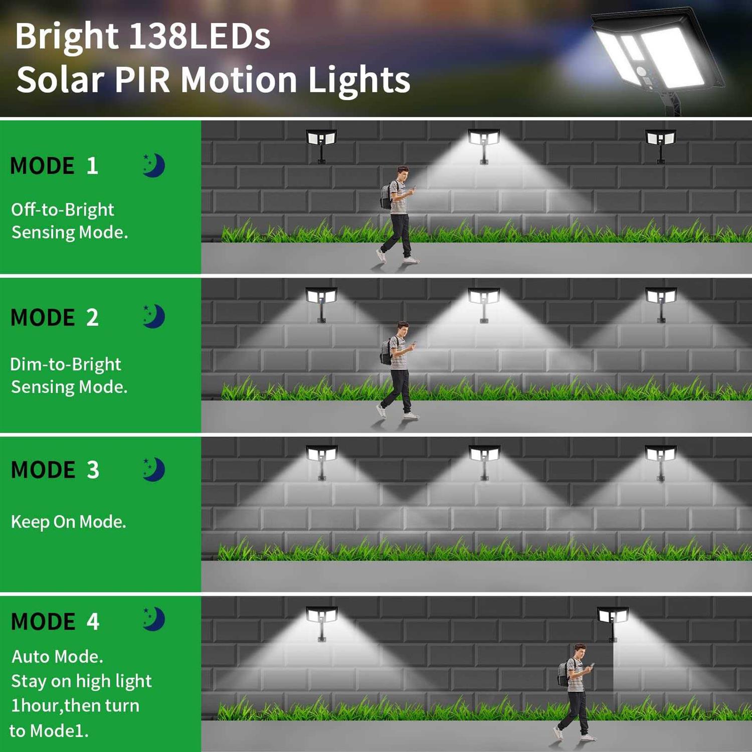 Solar Barn Lights Outdoor,138LEDs Solar Powered Shed Light with Motion Sensor&4 Lighting Modes Wall Mount Waterproof High Brightness Security - Image 4