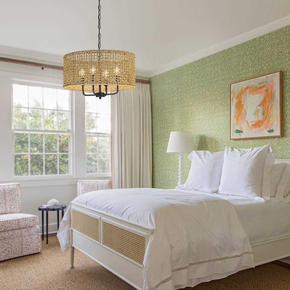 True Fine 4-Light Bohemian Hand Woven Drum Chandelier W20 inch x H75.6 inch - Image 2