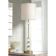 Vienna Full Spectrum Halston Art Deco Buffet Table Lamp 32 1/2 Tall Crystal Ball Brass Metal Off White Fabric Drum Shade for Bedroom Living Room Kids