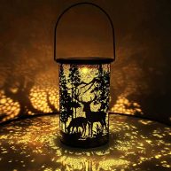Solar Lanterns Outdoor Waterproof, Solar Hanging Lantern Lights Made of Metal Carved with Deer and Trees. LED Decorative Garden Light for Patio