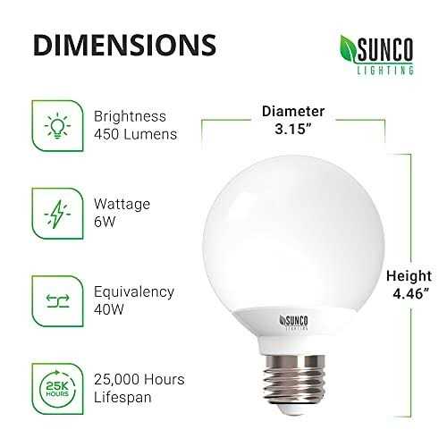 Sunco Lighting G25 LED Globe, 6w=40w, Dimmable, 450 LM - Image 2