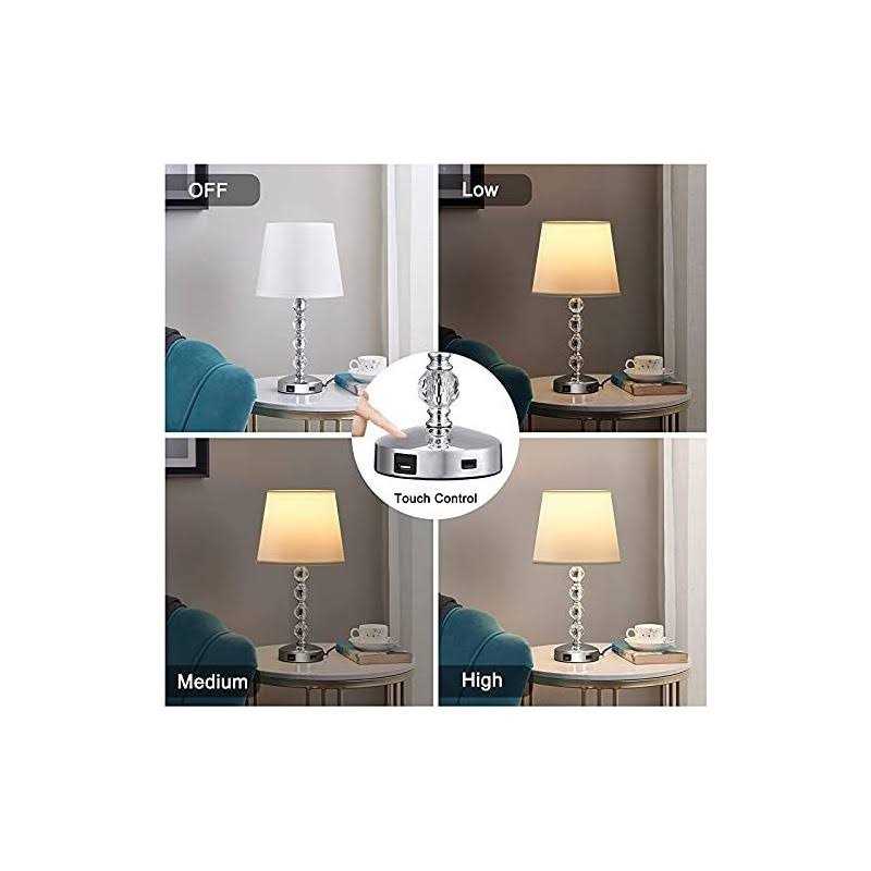Touch Control Crystal Table Lamp with USB Port 3 Way Dimmable Nightstand 17” Bedside Small Lamps with White Fabric Shade for Bedroom - Image 4