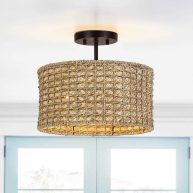 True Fine 13.6 in. 2-Light Natural Rattan Semi-Flush Mount Ceiling Light with Black Canopy