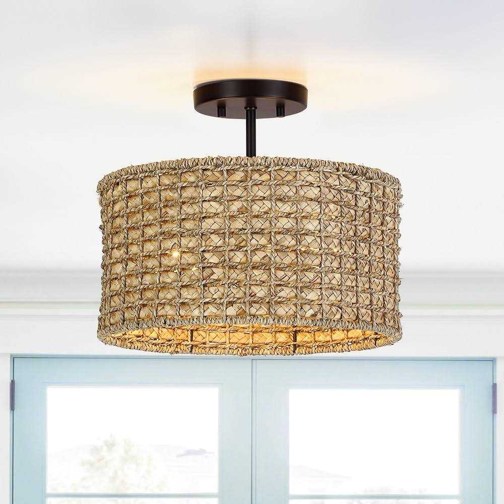 True Fine 13.6 in. 2-Light Natural Rattan Semi-Flush Mount Ceiling Light with Black Canopy