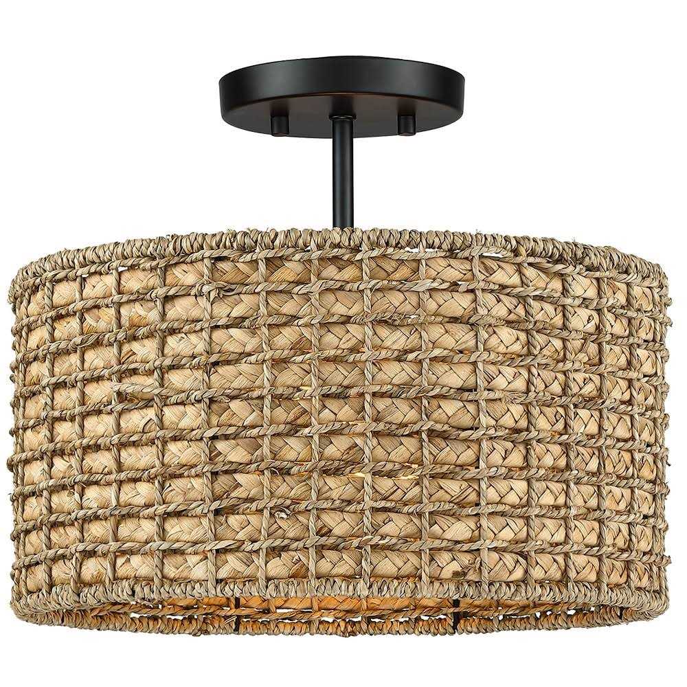 True Fine 13.6 in. 2-Light Natural Rattan Semi-Flush Mount Ceiling Light with Black Canopy - Image 3
