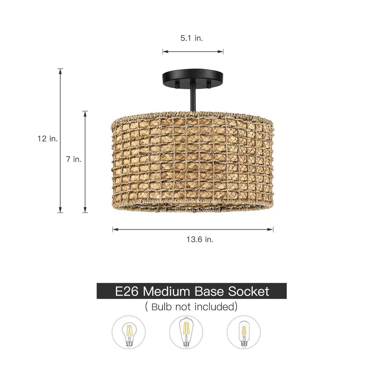 True Fine 13.6 in. 2-Light Natural Rattan Semi-Flush Mount Ceiling Light with Black Canopy - Image 5