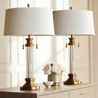 Vienna Full Spectrum Rolland Traditional Table Lamps 30 Tall Set of 2 Clear Glass Antique Brass Gold Off-White Fabric Drum Shade for Bedroom Living