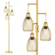 Torondo Dimmable Industrial Floor Lamps for Living Room Gold Tree Standing Tall Lamps with 3 Elegant Teardrop Cage Head & 800 Lumens LED Bulbs