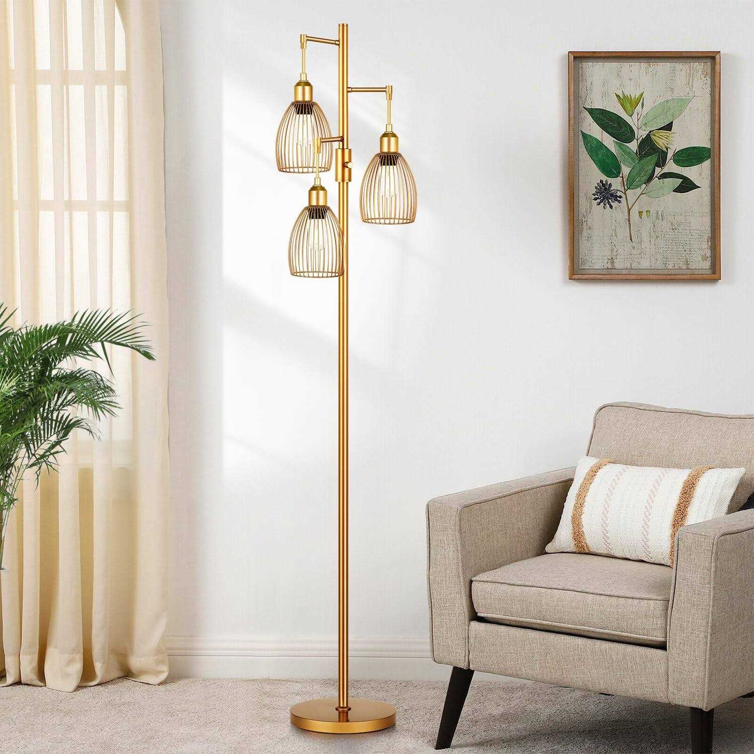 Torondo Dimmable Industrial Floor Lamps for Living Room Gold Tree Standing Tall Lamps with 3 Elegant Teardrop Cage Head & 800 Lumens LED Bulbs - Image 2