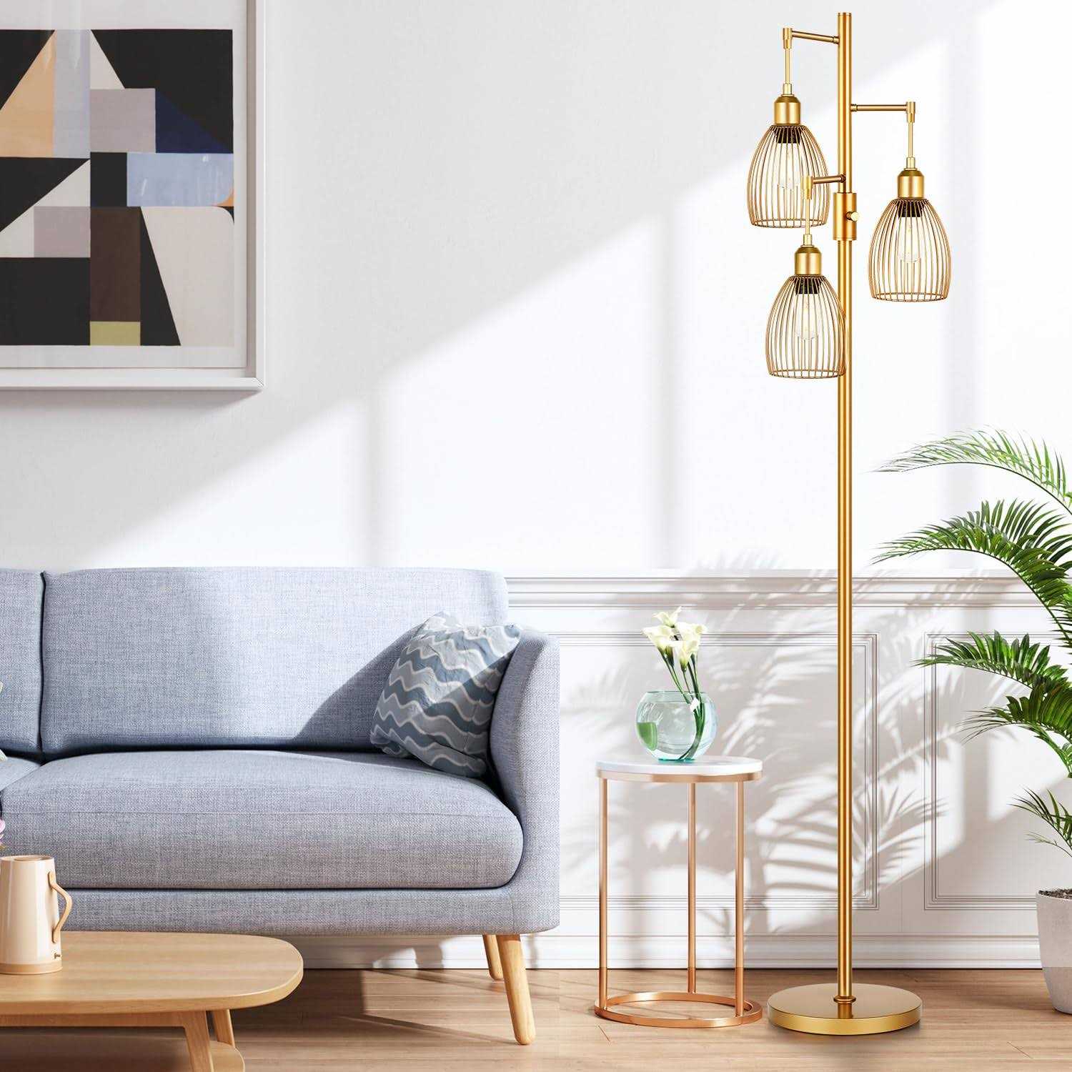 Torondo Dimmable Industrial Floor Lamps for Living Room Gold Tree Standing Tall Lamps with 3 Elegant Teardrop Cage Head & 800 Lumens LED Bulbs - Image 3