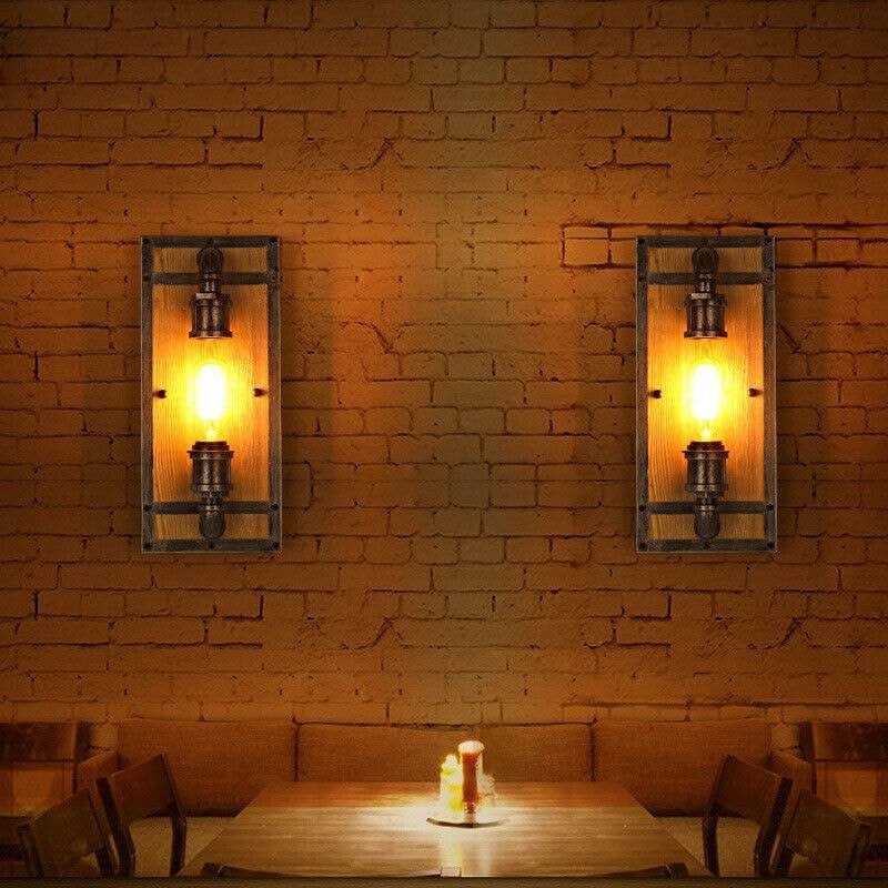 Rustic Industrial Wooden and Iron Flush Mount Wall Light Sconce