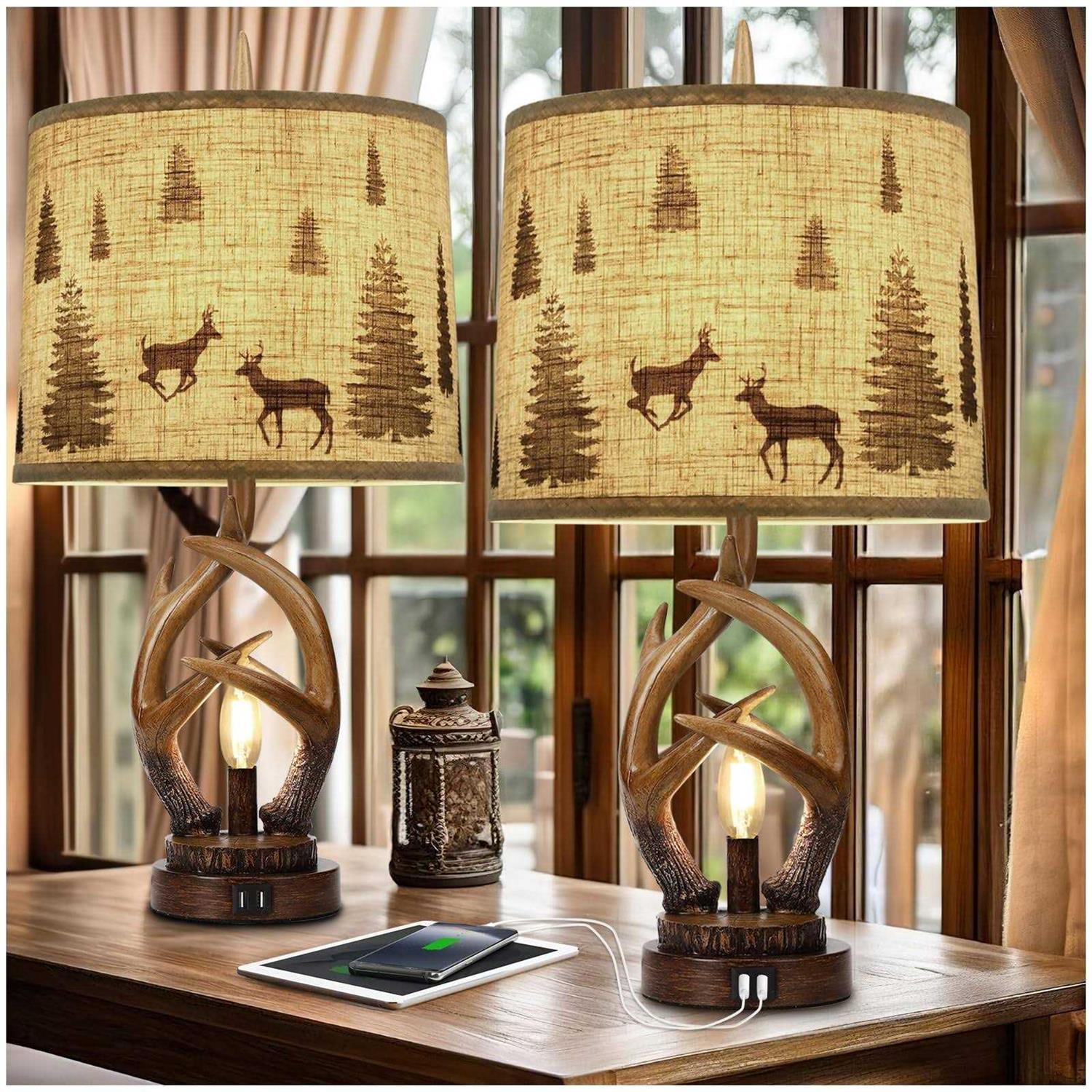 Scenekoy Rustic Farmhouse Antlers Table Lamp Set of 2 with Nightlight Dual USB Ports