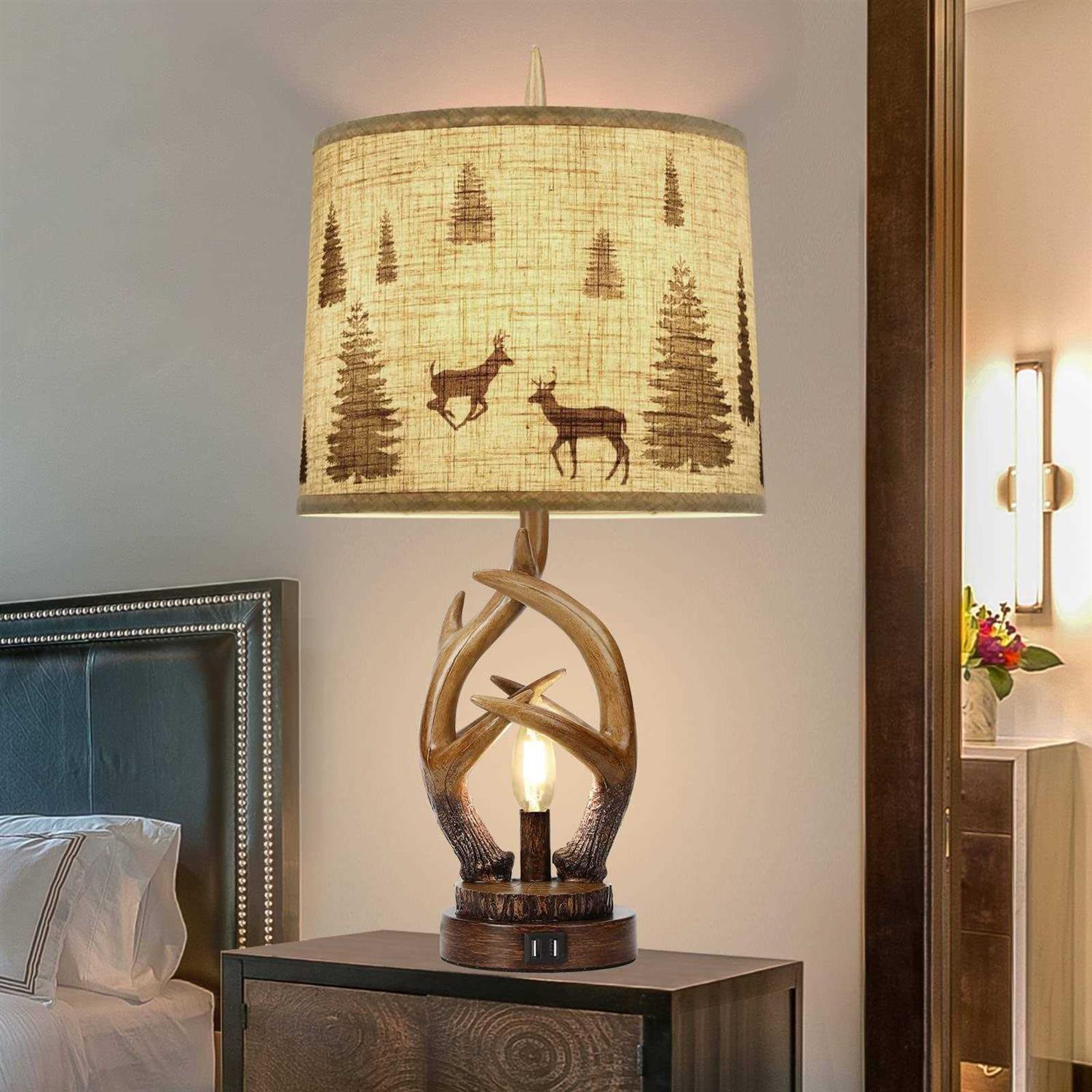 Scenekoy Rustic Farmhouse Antlers Table Lamp Set of 2 with Nightlight Dual USB Ports - Image 4
