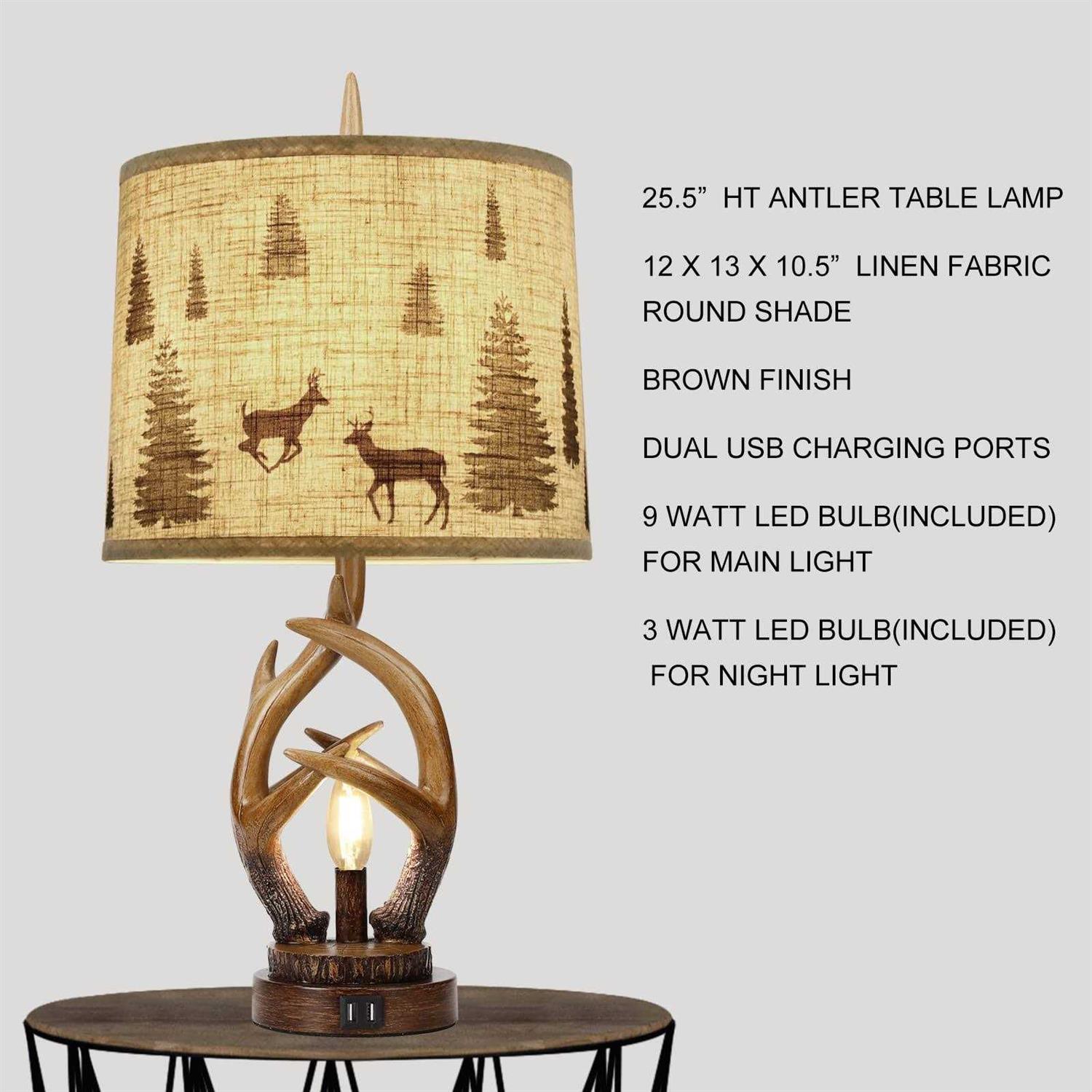 Scenekoy Rustic Farmhouse Antlers Table Lamp Set of 2 with Nightlight Dual USB Ports - Image 5