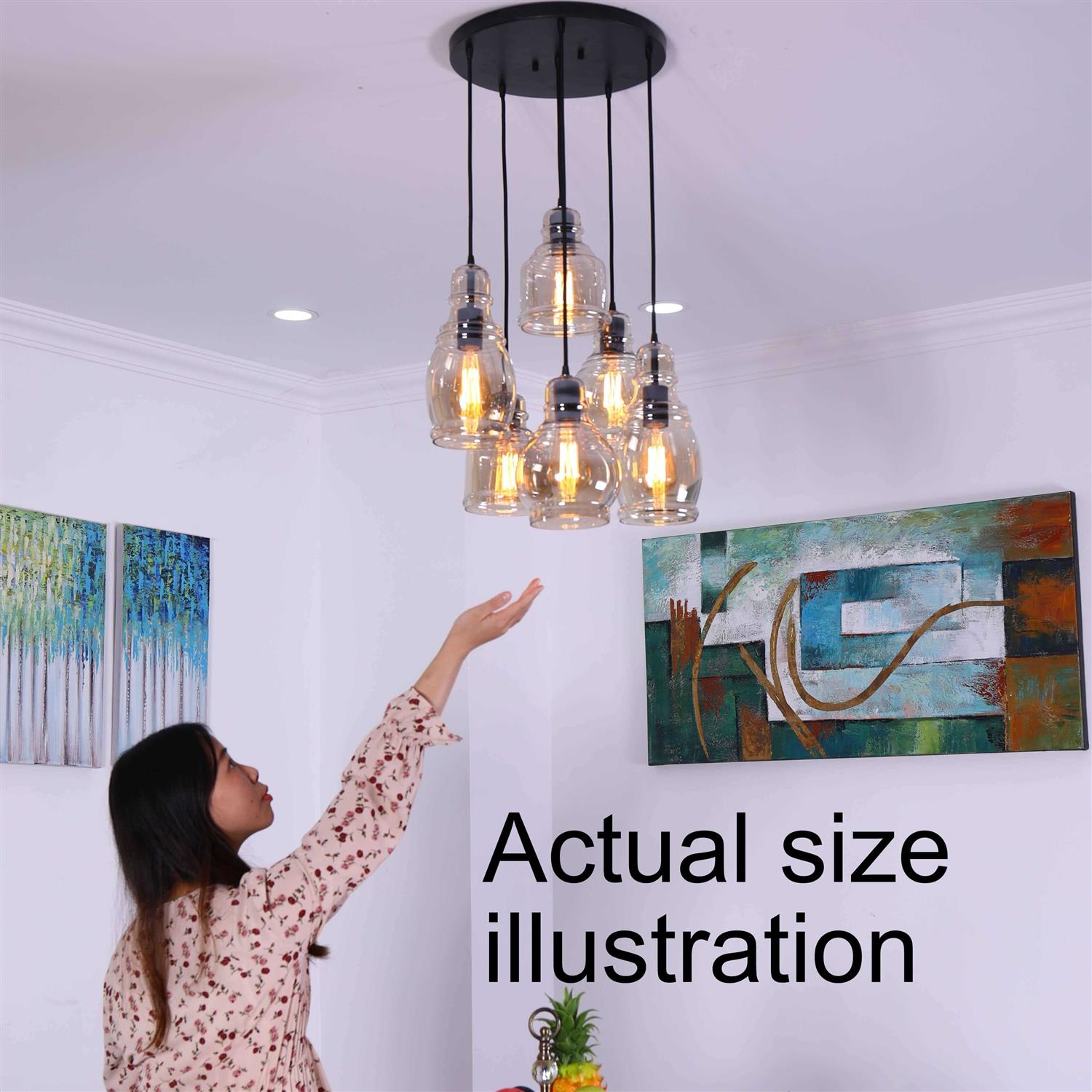 The Lighting Store Mariana Cognac Glass Antique Black and Round Base 6-light Pendant - Image 3