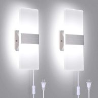 TRLIFE Modern Wall Sconces Set of 2, Wall Sconce Plug in 12W LED 6000K Cool White Acrylic Wall Mounted Light Wall Lights with 6FT Plug in Cord and On