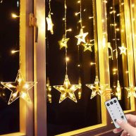 Tofu Star Curtain Lights 138 Led 12 Stars Remote Window Curtain String Lights Plug In With 8 Flashing Modes Decoration For Christmas