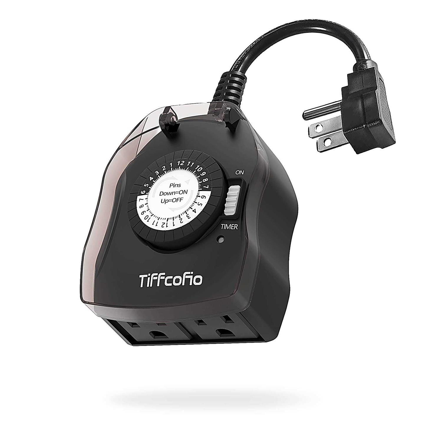 Tiffcofio Outdoor Timer Outlet, 24 Hour Mechanical Outdoor Timer for Lights, Outdoor Light Timer Waterproof, 2 Grounded Outlets for Home and Garden