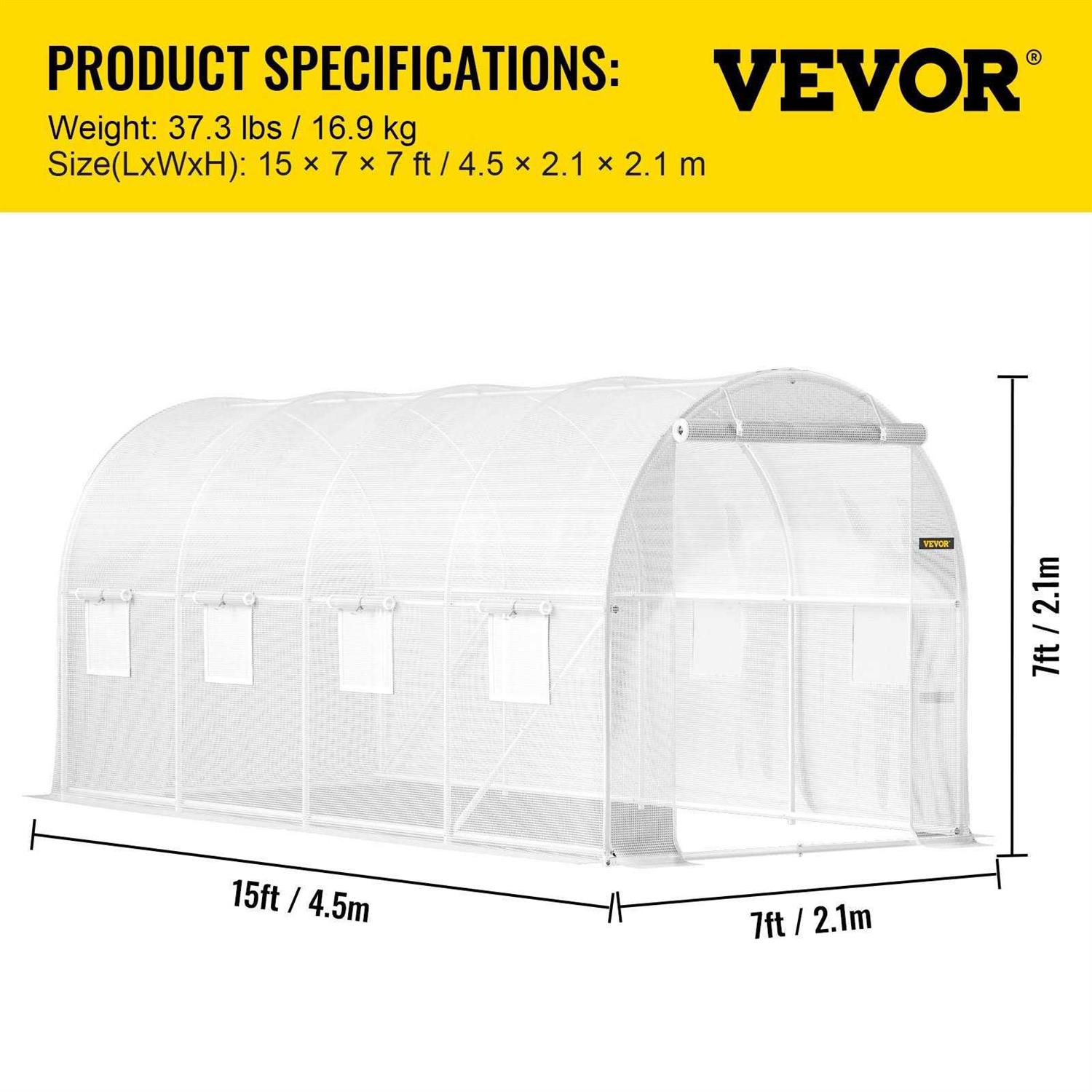 VEVOR Walk-in Tunnel Greenhouse 15 x 7 x 7 ft Portable Plant Hot House w/ Zippered Door - Image 3