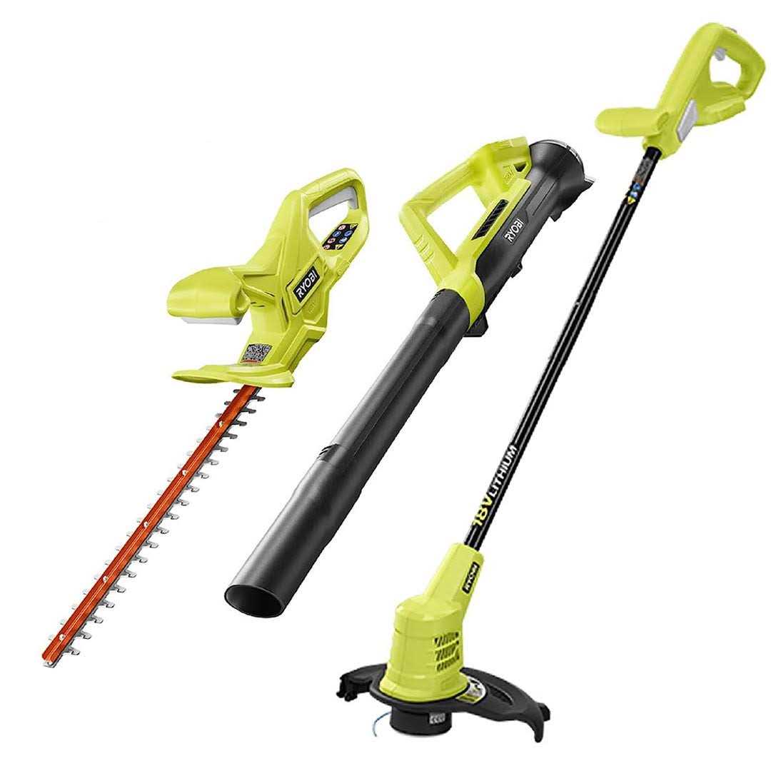 RYOBI ONE+ 18V Cordless Battery String Trimmer/Edger, Hedge Trimmer, Blower w/ 2.0 Ah Batteries and Charger