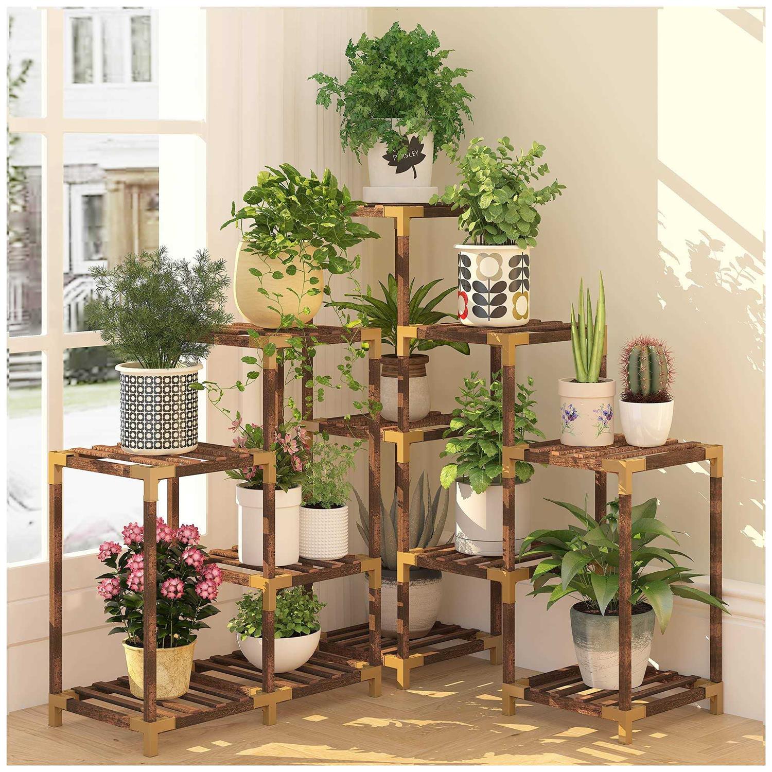 UNHO Well-arranged Wood Plant Stand Holder Flower Display Rack Indoor Outdoor Corner
