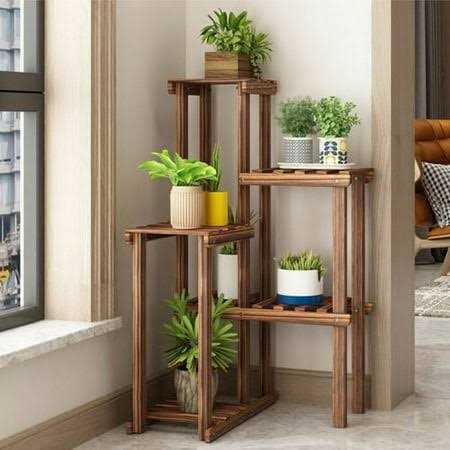 UNHO Well-arranged Wood Plant Stand Holder Flower Display Rack Indoor Outdoor Corner - Image 2