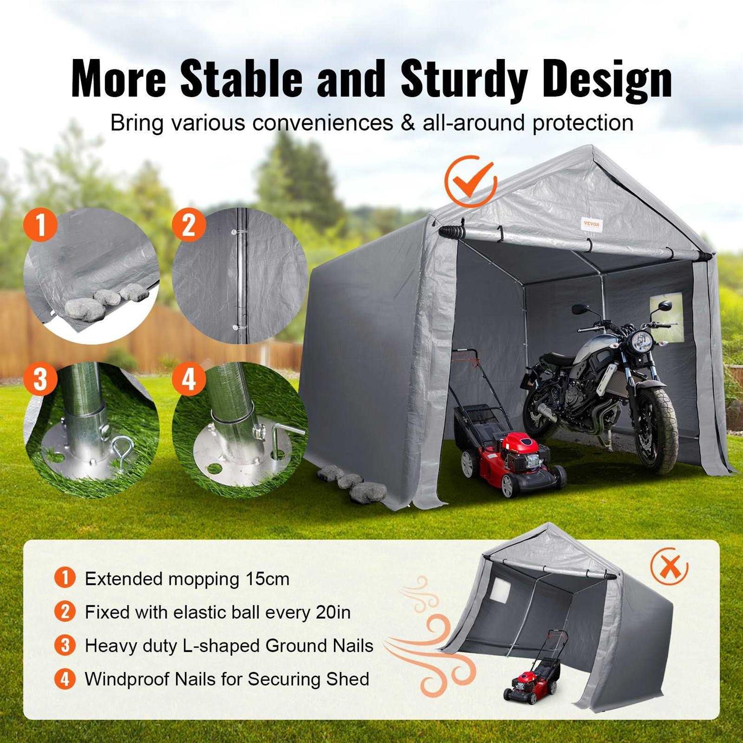 VEVOR Portable Shed Outdoor Storage Shelter 7 x 12 x 7.36 ft Heavy Duty All-Season Instant Storage Tent Tarp Sheds with Roll-up Zipper Door and - Image 5