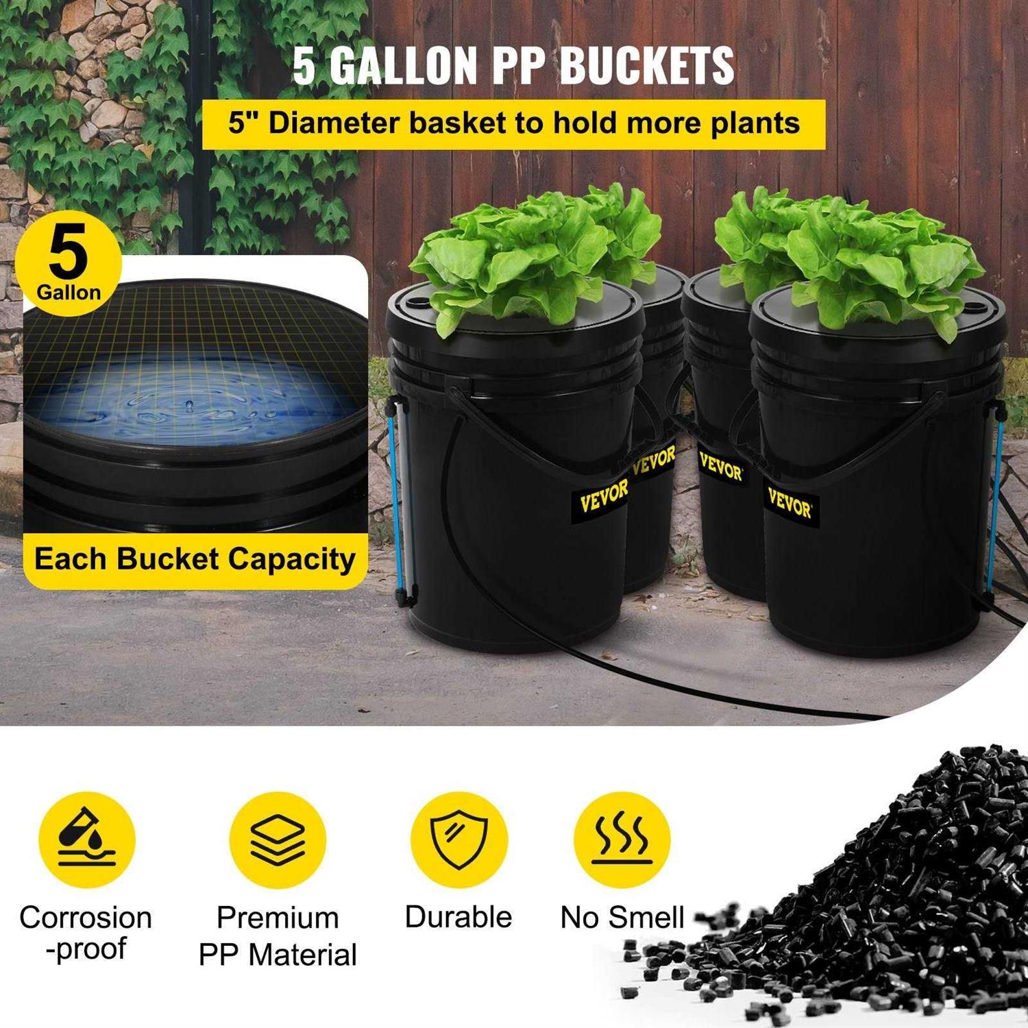 VEVOR DWC Hydroponic System 5 Gallon 4-8 Buckets Deep Water Culture Growing Bucket Hydroponics Grow Kit - Image 2